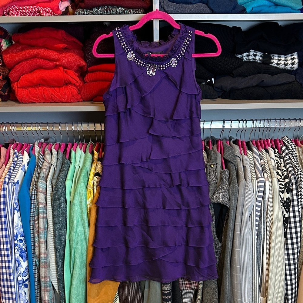 S.L. Fashions purple sleeveless ruffled jewel detail lined dress size 6